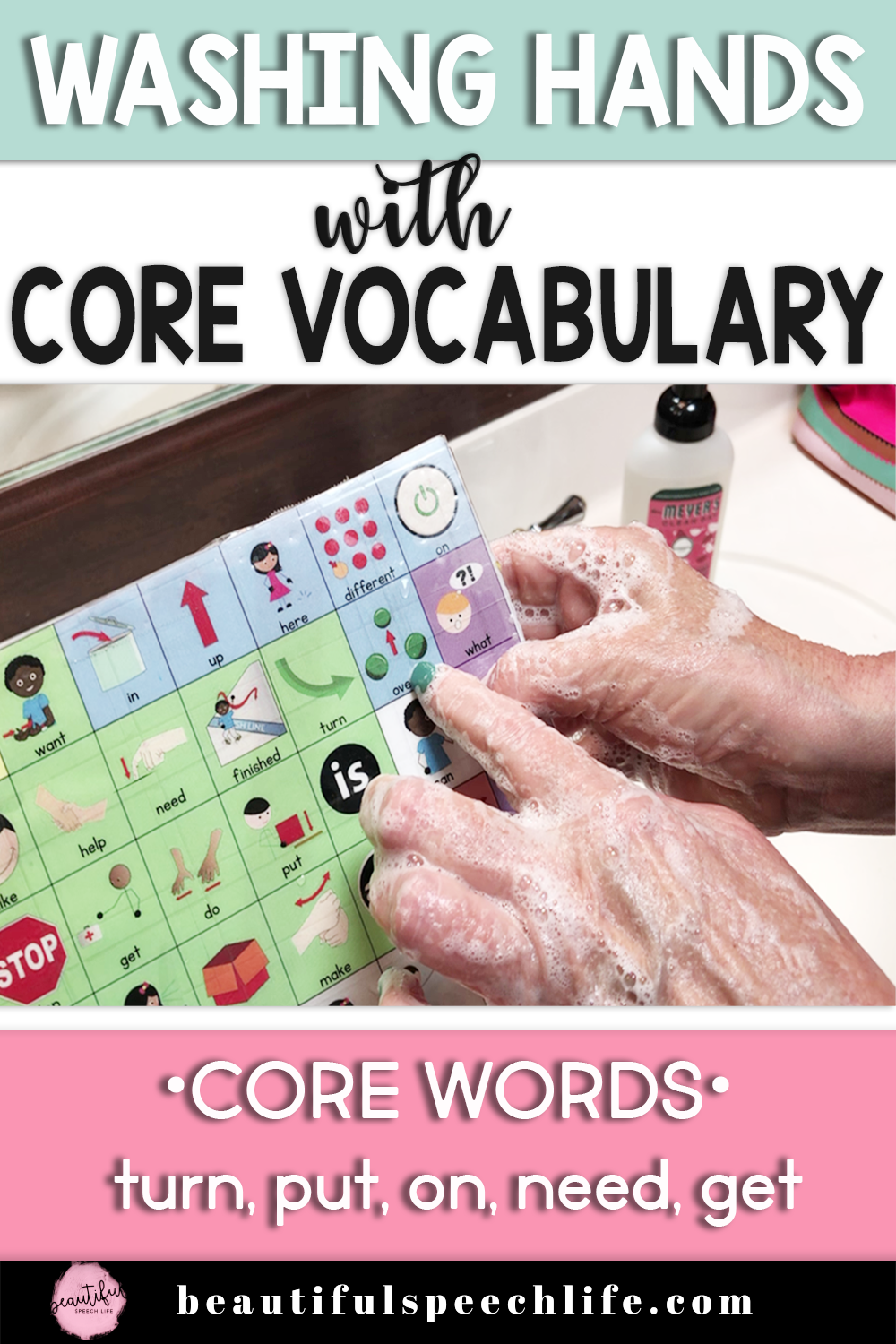Washing hands with a core vocabulary board
